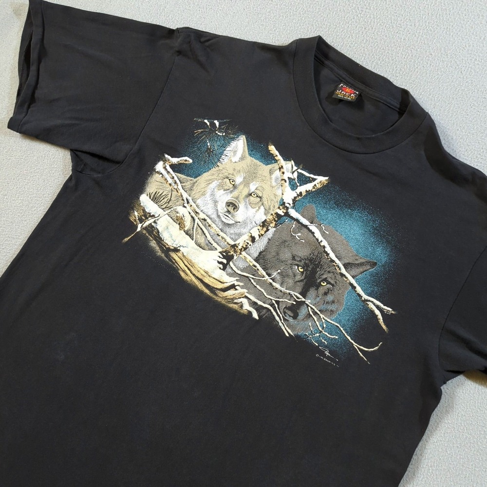 VTG Panama Jack T Shirt Mens XL Black Wolf Graphic Harlequin Pierce USA Made 90s